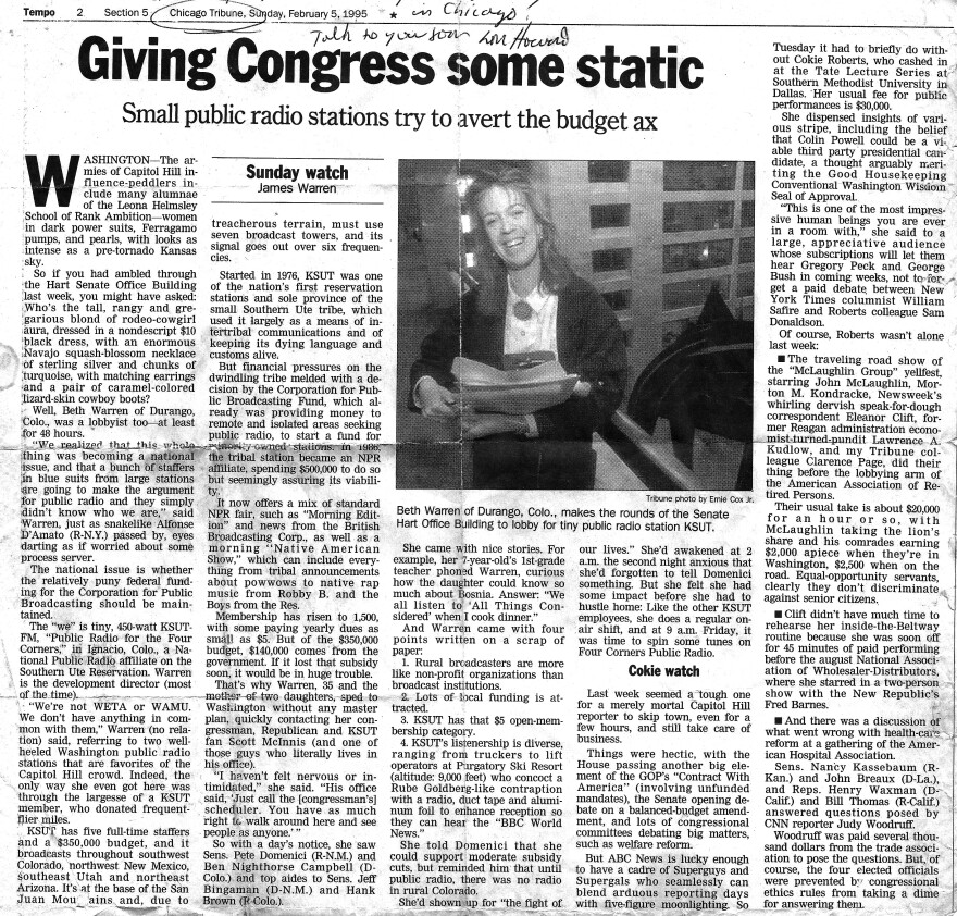 A black & white news article from the Chicago Tribune, February 5, 1995 about KSUT. It features an image of a woman smiling.