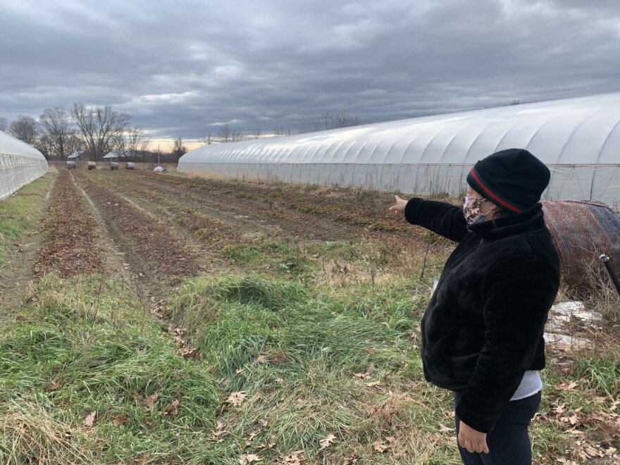 Claudia Rosales pointing to the field in western Massachusetts she worked on as an agricultural farmer.