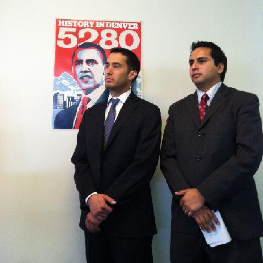 Colorado Democratic Party Chairman Rick Palacio and State Rep. Dan Pabon spoke at a news conference at the party's headquarters Wednesday.