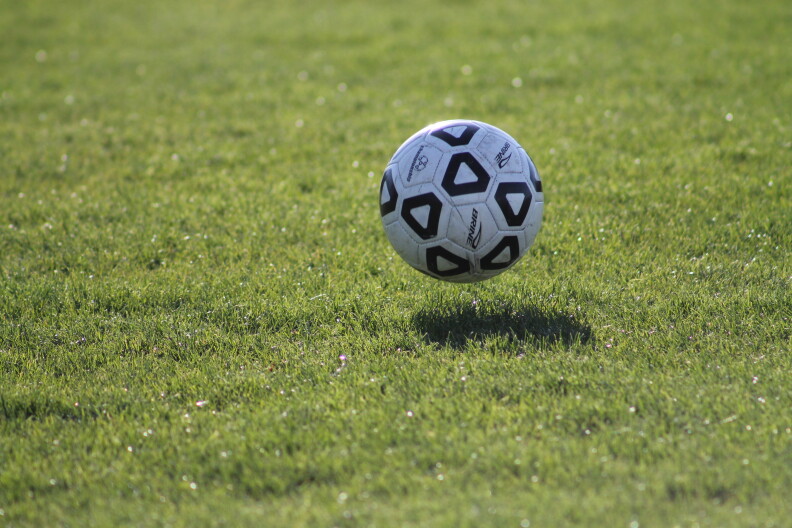 A picture of a soccer ball on a green field.