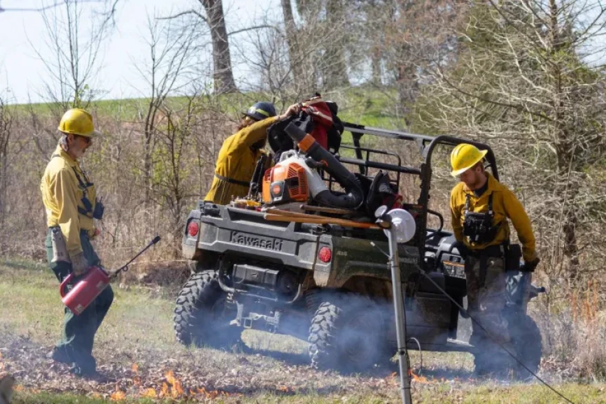SIPBA members unload a UTV March 20, 2026, during an interagency burn in Golconda, Illinois. Members pay $50 annually and are required to participate in one burn. In exchange, their land is also burned.