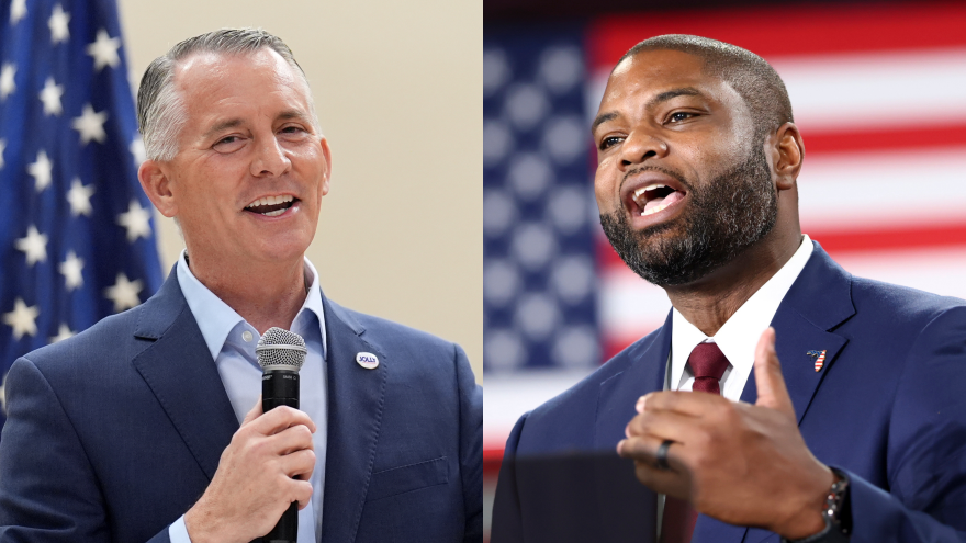 David Jolly, Democratic candidate for Florida governor, speaks at a campaign event, Monday, Oct. 5, 2026, at Wynmoor Village, a 55+ community in Coconut Creek, Fla. Meanwhile, Florida Republican gubernatorial candidate Rep. Byron Donalds speaks during a campaign rally with Vice President JD Vance in Lakeland, Fla., Thursday, Oct. 1, 2026.