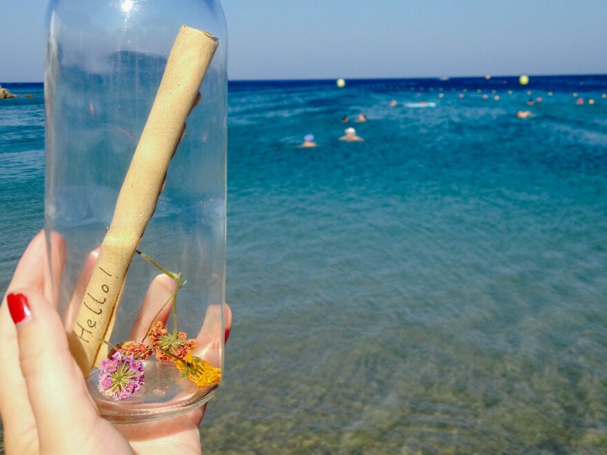 A photo of the bottle before Zac Marriner and Bethany Wright cast it from the Greek island of Rhodes into the Mediterranean Sea.