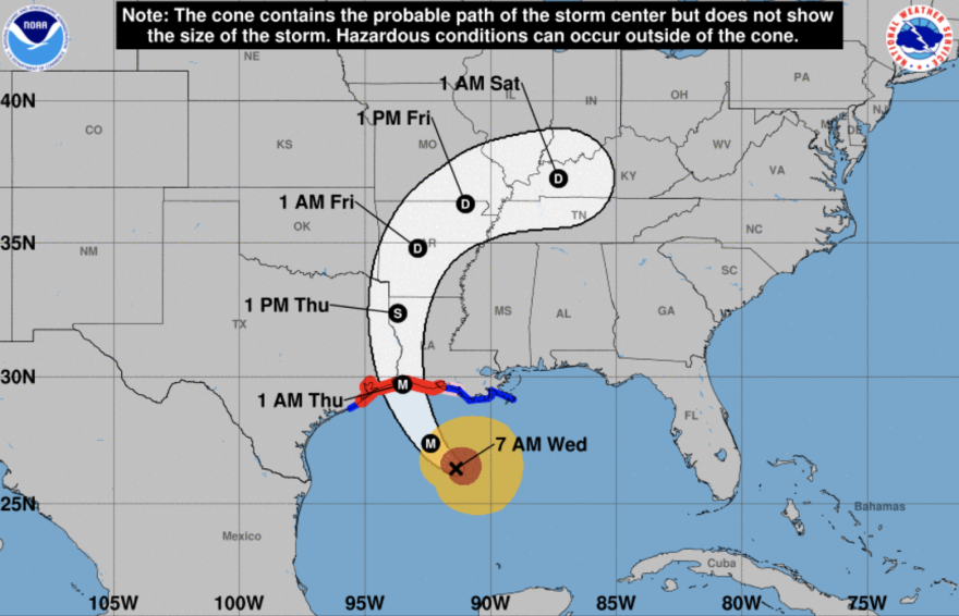 The projected path of Hurricane Laura has it hitting the Texas-Louisiana border overnight Wednesday.