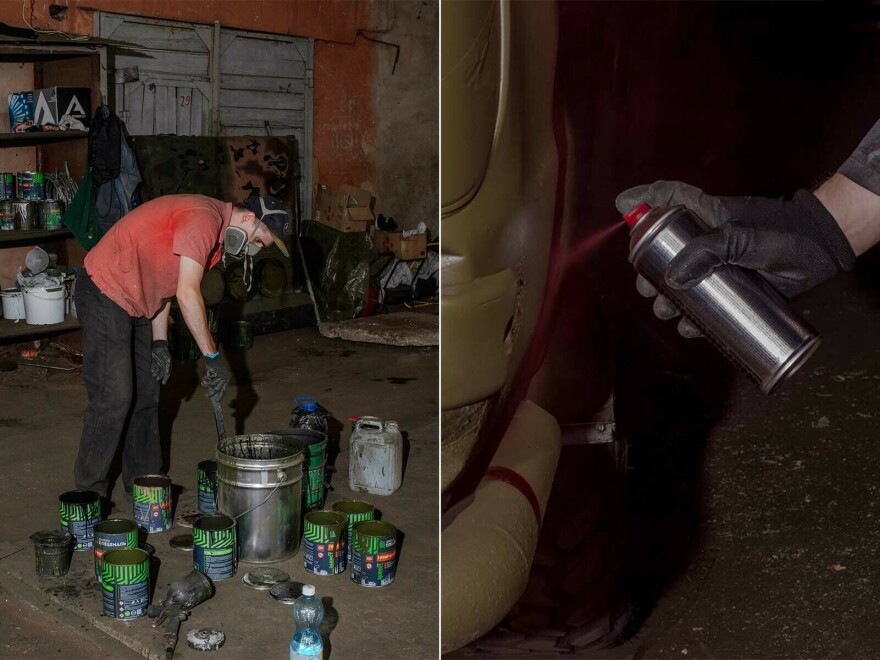 Left: A painter mixes paint for several cars that need to be camouflaged that day. Right: A painter adds dark red spots to a truck to camouflage with the reddish dirt and mud often found in Ukraine’s east and south.