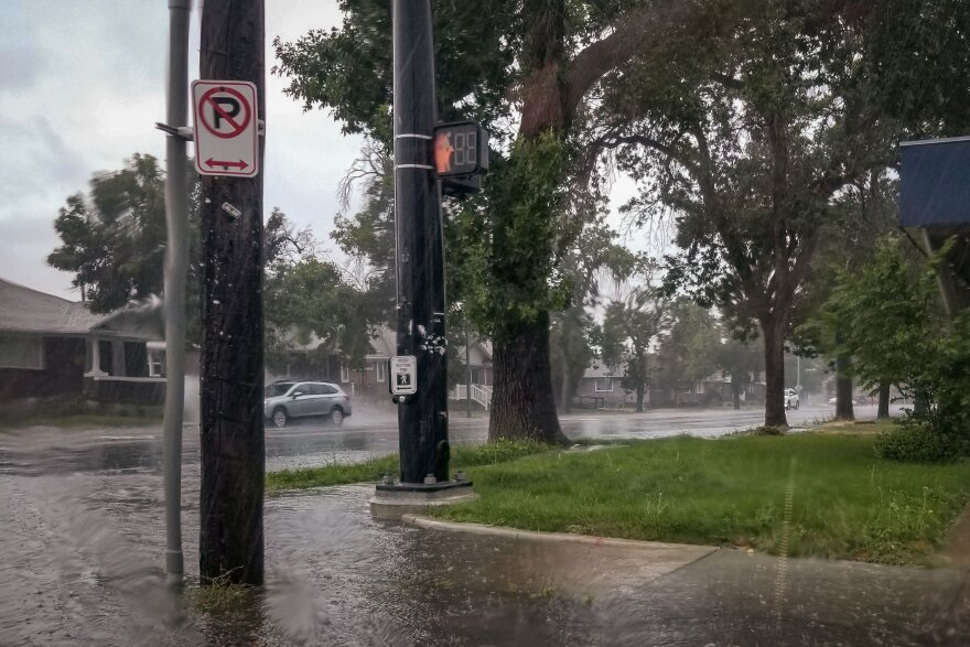 A weekend monsoonal storm brought heavy rains and some street flooding to part of Salt Lake City on Aug. 6, 20222. The water level climbed over the curbs and topped the sidewalk on the corner of 300 East and 2100 South.