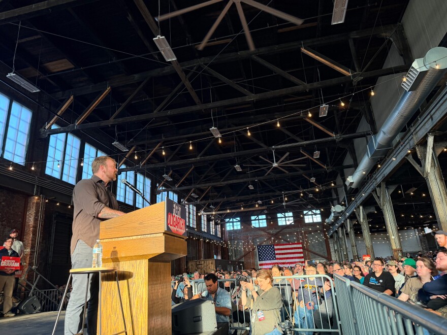 Graham Platner speaksat a Fighting Oligarchy rally in Portland on Monday, May 25, 2026.