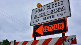A detour warning sign for roadwork near Elkhart, Indiana.