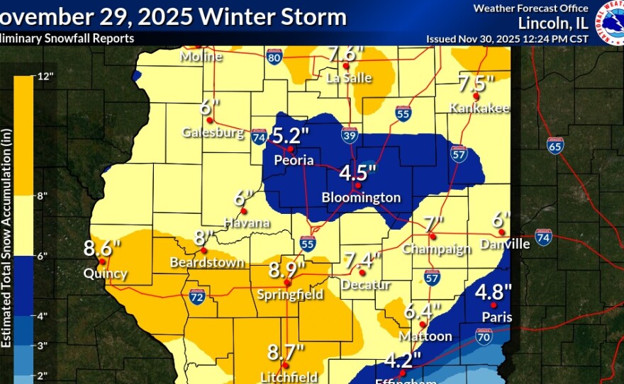 Map of Central Illinois showing snowfall totals for many communities. It shows the heaviest snow from Quincy to Springfield. 