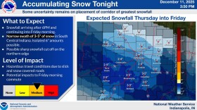 Moderate snowfall is expected beginning this evening. A narrow corridor of 3 to 5 inches is expected from near Terre Haute to Bloomington to Seymour with 1 to 4 inches expected outside of this heavier corridor. 