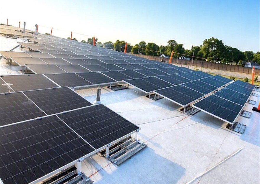 A photo of some of the solar panels installed on Dayton Metro Library's West Branch roof