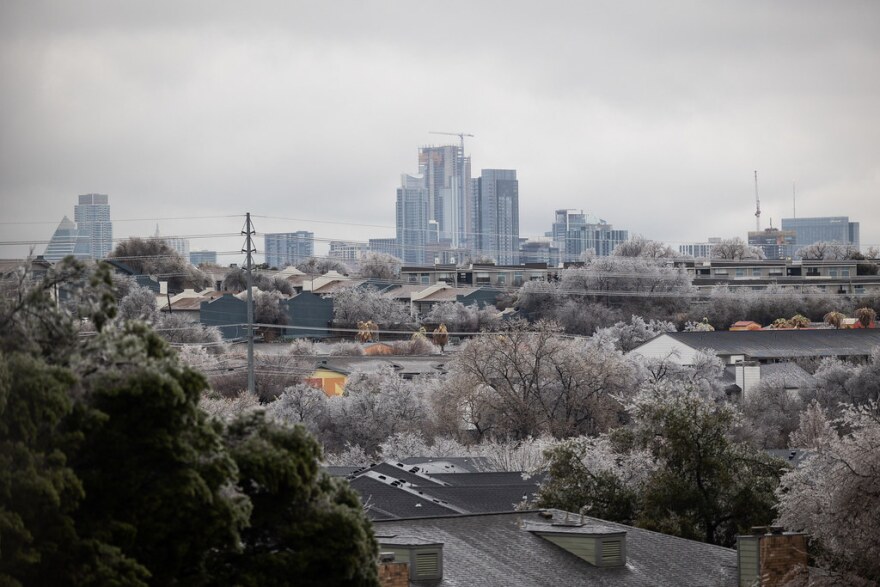 A view of downtown coated in ice. 