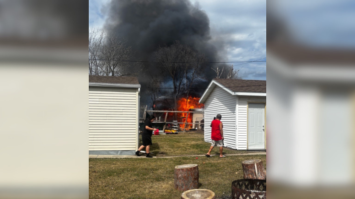 A garage fire on Bixby Avenue near the Bemidji State University campus on April 16, 2026.