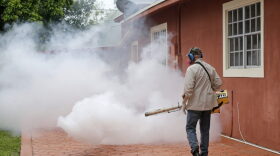 A Miami-Dade County mosquito control worker sprays around a home in the Wynwood area of Miami on Monday, Aug. 1, 2016. The CDC has issued a new advisory that says pregnant women should not travel a Zika-stricken part of Miami, and pregnant women who live there should take steps to prevent mosquito bites and sexual spread of the virus. (AP Photo/Alan Diaz)