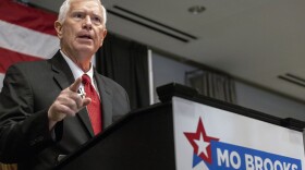 FILE - Mo Brooks speaks to supporters at his watch party for the Republican nomination for U.S. Senator of Alabama at the Huntsville Botanical Gardens, May 24, 2022, in Huntsville, Ala. Brooks is running to be the GOP nominee for the seat being vacated by 88-year-old Republican Sen. Richard Shelby. (AP Photo/Vasha Hunt, File)