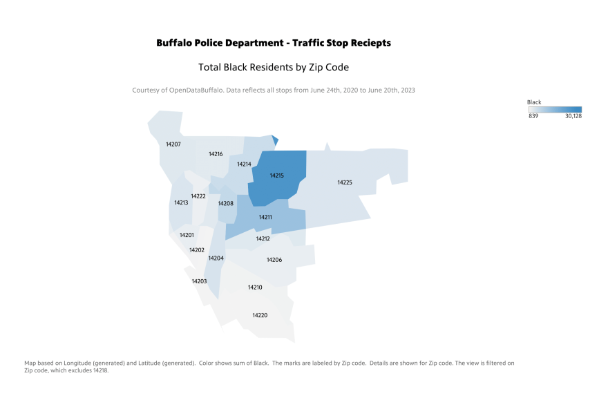 This map displays the Black population of Buffalo by zip code. The color blue shows the sum of Black residents. The marks are labeled by zip code. Zip code 14215 shows the highest number of Black residents.