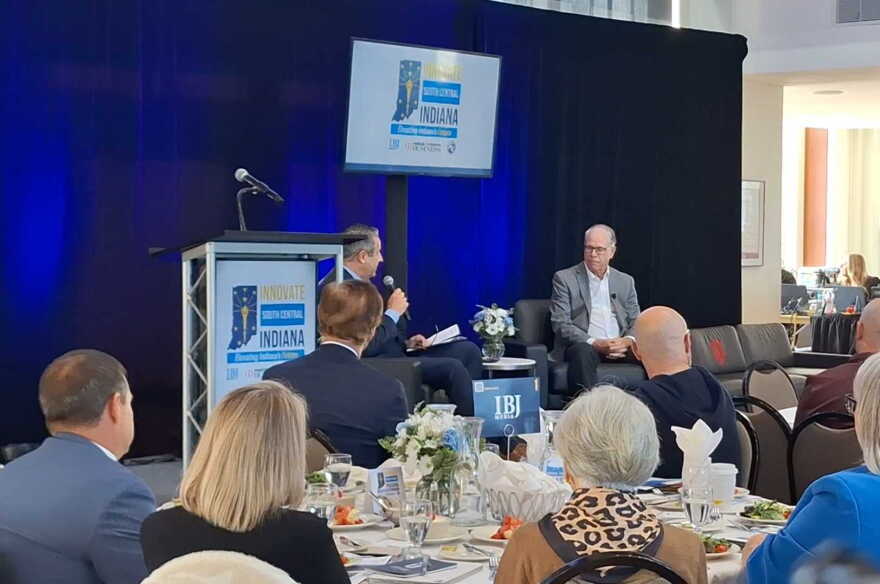 Governor Mike Braun being interviewed at a IBJ panel