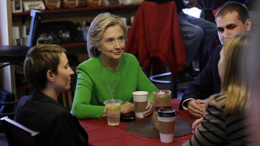 Clinton meets with supporters in Le Claire, Iowa, on Tuesday.