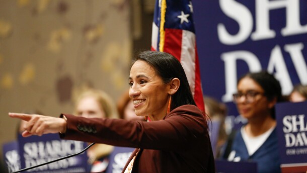Rep. Sharice Davids address supporters at a Democratic Party gathering in Overland Park on Tuesday, Nov. 5, 2024.