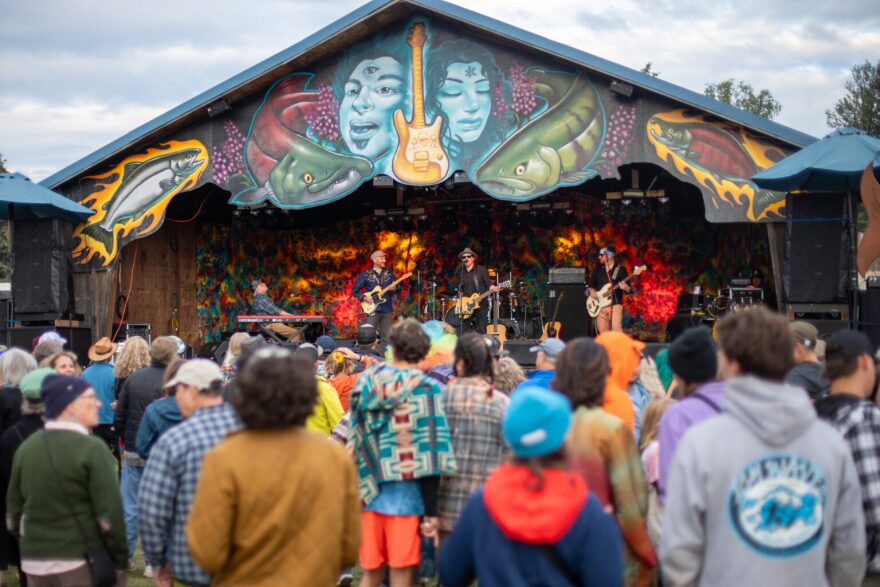 Anything That’s Rock and Roll plays Tom Petty tribute songs to a full audience on the Ocean Stage at Salmonfest 2023 on Aug. 5 in Ninilchik.