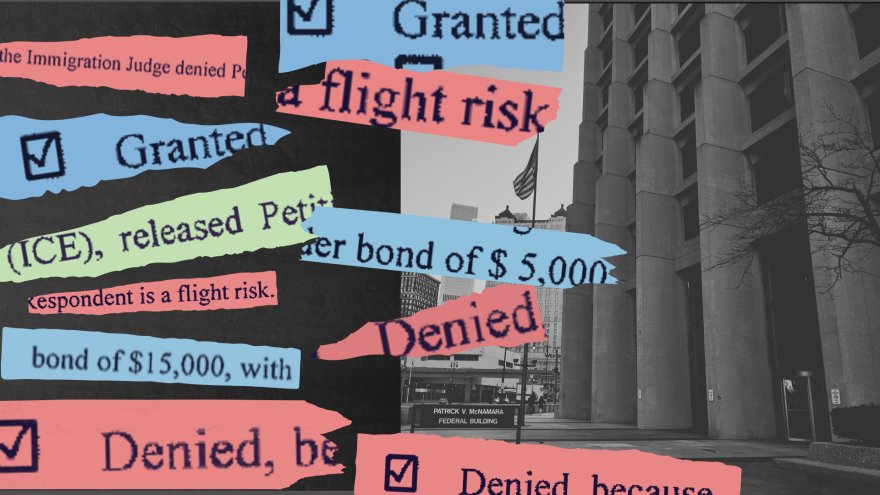An editorial collage combining a black-and-white photograph of the Patrick V. McNamara Federal Building, home to the Detroit Immigration Court, with colorful torn-paper fragments of text clipped from immigration court bond hearing documents. The scraps — in pink, blue, and green — display partial phrases including "Granted" (with a checked checkbox), "Denied" (with a checked checkbox), "a flight risk," "Respondent is a flight risk," "the Immigration Judge denied Pe[titioner]," "(ICE), released Petit[ioner]," "under bond of $5,000," "bond of $15,000, with," and "Denied, because." The overlapping fragments visually contrast bond grants and denials, evoking the bureaucratic and high-stakes nature of immigration detention proceedings. 