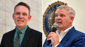 Two photos are side-by-side. One has a man in a suit and tie on the left, and one has a man on the right wearing a blazer and a white shirt. He is holding a microphone.
