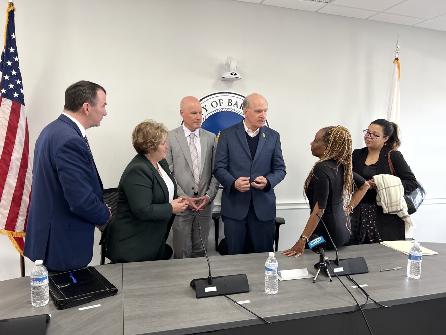 Officials gathered Thursday at the Barnstable County Complex for the announcement of a nearly $3.5 million federal grant for Independence House, a domestic violence center in Barnstable. From left: Jim Cantwell of U.S. Sen. Ed Markey's office, Barnstable County Sheriff Donna Buckley, Cape and Islands District Attorney Robert Galibois, U.S. Rep. Bill Keating, Independence House Executive Director Lysetta Hurge-Putnam, and Elizabeth Rosario of U.S. Sen. Elizabeth Warren's office.