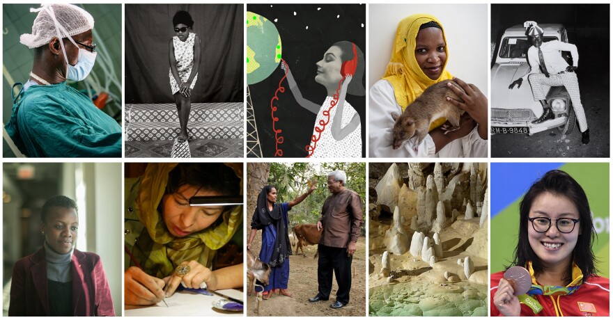 Clockwise from upper left: Dr. Forster Amponsah; a Malick Sidbe photo taken in Mali; a global garden of radio; Chewa the TB-sniffing rat; another Sidbe photo; Olympic medalist Fu Yuanhui of China; the New Mexico cave where a superhero bacterium lived; poverty fighter Sir Fazle Hasan Abed; calligrapher Sughra Hussainy; activist Loyce Maturu.