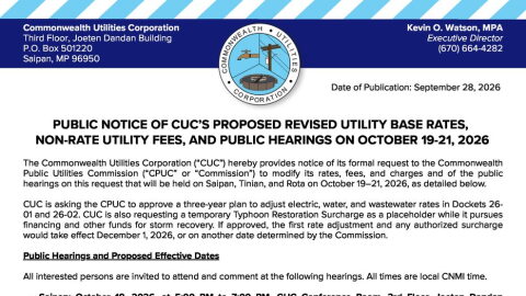 Public Notice of CUC's Proposed Revised Utility Base Rates, Non-Rate Utility Fees, and Public Hearings on October 19-21, 2026