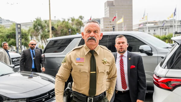 Riverside County Sheriff Chad Bianco arrives at the Supreme Court of California in San Francisco for a hearing about his seizure and recount of more than half a million 2025 election ballots on Aug. 24, 2026.