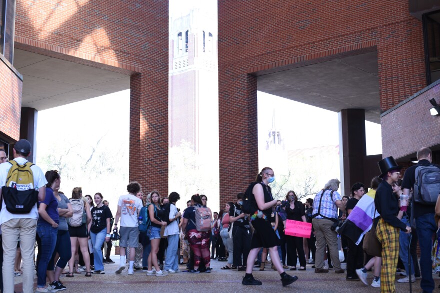 Several students and community leaders attended the statewide walkout outside of Marston Science Library of the University of Florida on Thursday, Feb. 23, 2023. (Javier Palacios/WUFT News)