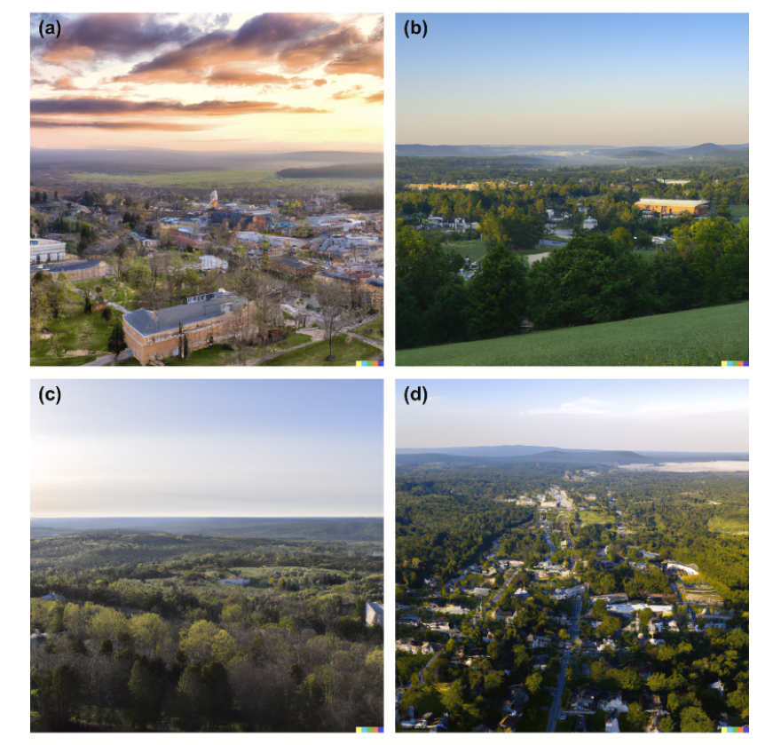 Four squares that each show a small town with mountains in the distance. 