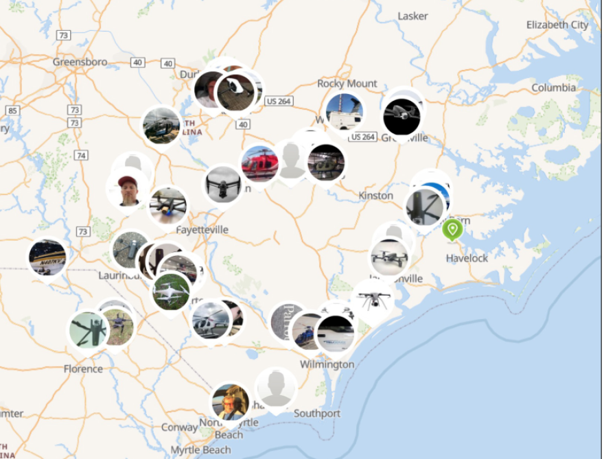 A screenshot of available drone crews deployed to the Carolinas last week. Power companies can survey damage with the drones while they wait for roads to reopen.