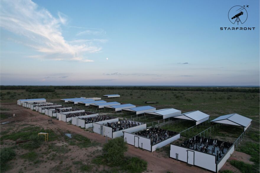 The ‘Bird’s Eye View’ over the eleven bays at Starfront Observatory that hold over 550 telescopes. Photo by Starfront Observatory.