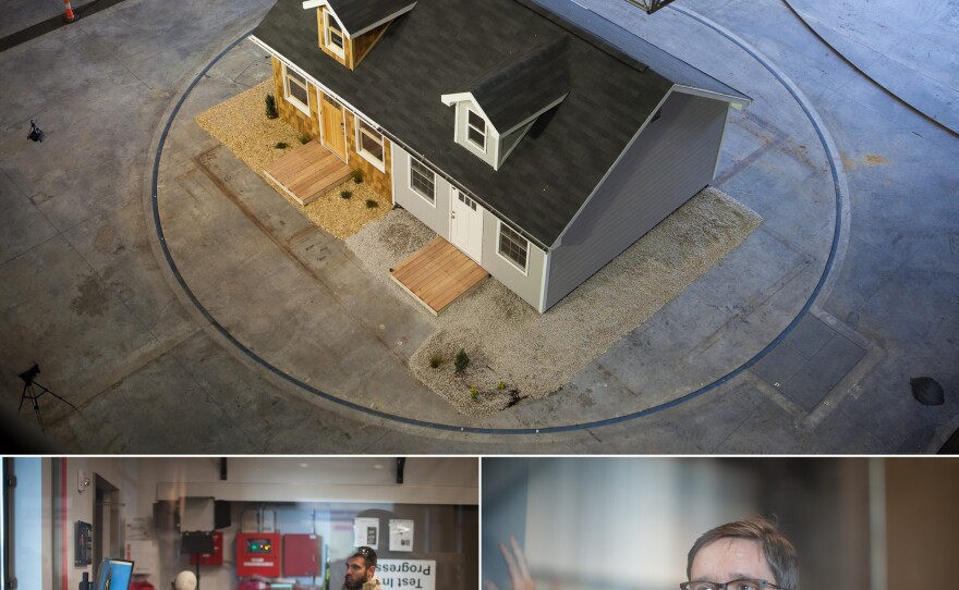 Top: Half of the test home has cedar siding and other common combustible building materials. The other half has common fire-resistant materials such as cement siding. Bottom left: Fire engineer Daniel Gorham (far right) monitors the test from a control room at the Insurance Institute for Business & Home Safety research facility. Bottom right: Roy Wright is the institute's president and CEO.