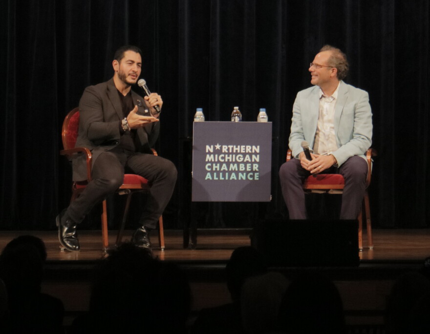 Democratic Senate candidate Abdul El-Sayed (left) speaks with Kyle Melinn of MIRS (right) at a campaign forum in Traverse City on September 21st, 2026