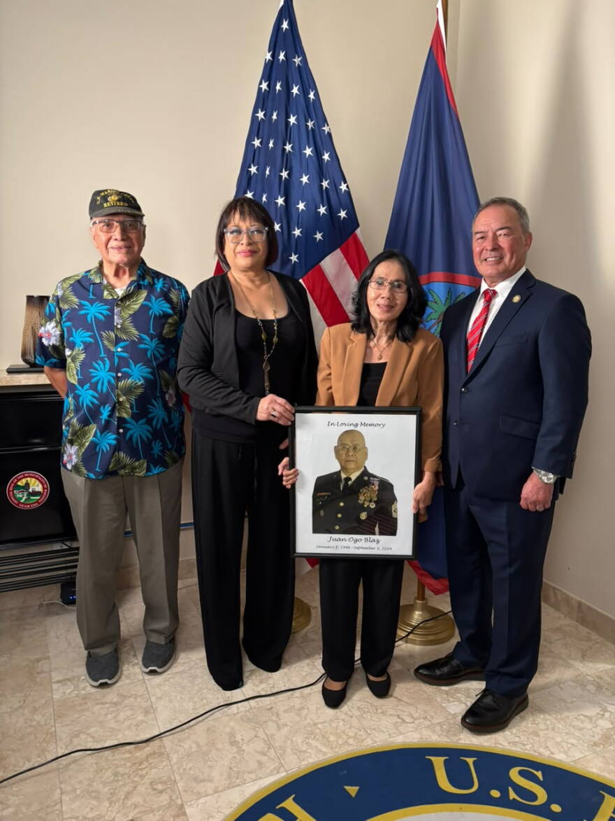Del. James Moylan's press conference for the nomination to award late Sgt. Maj. Juan Ogo Blaz the Medal of Honor. Left to right: Col. Danny Santos, Darlene and Dionisia "Marylou" Blaz, and Del. James Moylan.