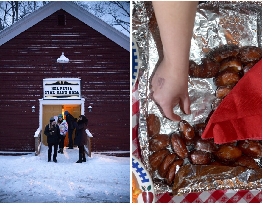 (Left) Warm light spills from the Helvetia Star Band Hall, aka, the Red Hall. (Right) Refreshments, including Fasnacht donuts, were served at the Masked Ball at the Community Hall.