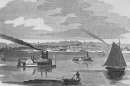 An 1854 engraving titled "View of the City of Madison, Indiana," showing several steamboats and sailboats navigating the Ohio River with the city skyline and hills in the background.