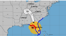 This graphic shows an approximate representation of coastal areas under a hurricane warning (red), hurricane watch (pink), tropical storm warning (blue) and tropical storm watch (yellow).