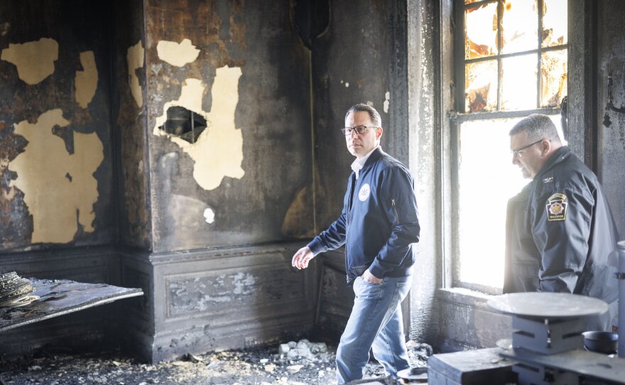 Gov. Josh Shapiro tours the residence after an April 2025 arson attack. (Commonwealth Media Services)