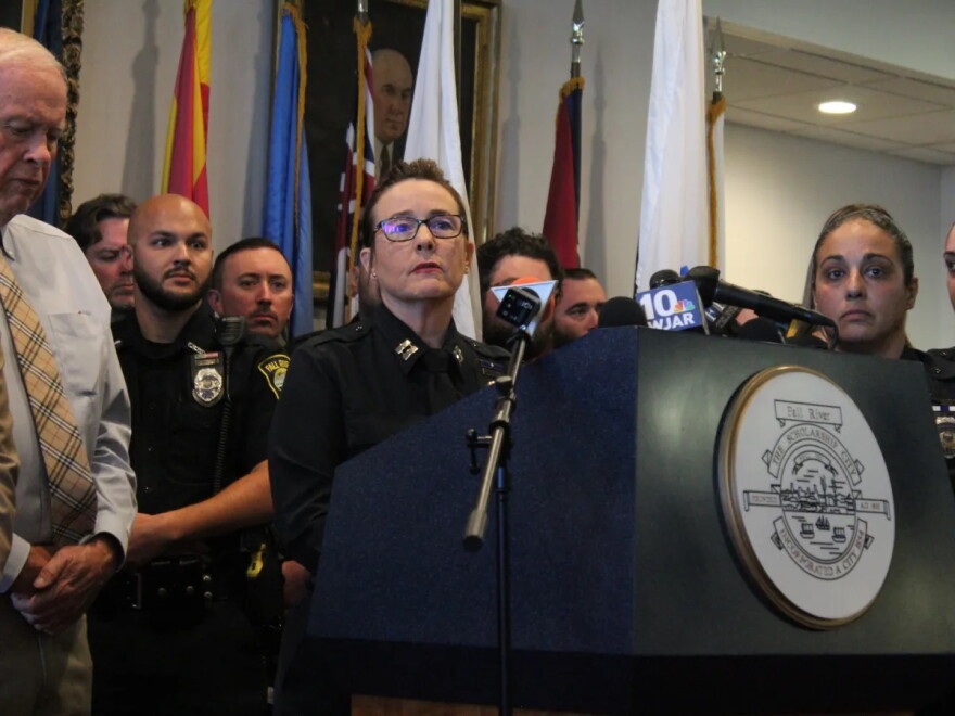 Kelly Furtado gave her first remarks as police chief at a news conference attended by close to 50 police officers.