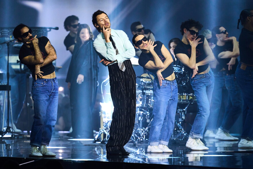 FILE - Harry Styles performs during the Brit Awards 2026 in Manchester, England, on Feb. 28, 2026. (Photo by Scott A Garfitt/Invision/AP, File)