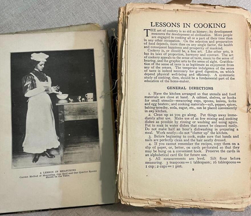 Pages from the 1917 "Lessons in Cooking" book, passed down to host Robin Young by her grandmother. (Robin Young/Here & Now)