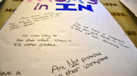 A poster advocating for better policies for women from a Hoosier Action statehouse rally during the 2021 legislative session.