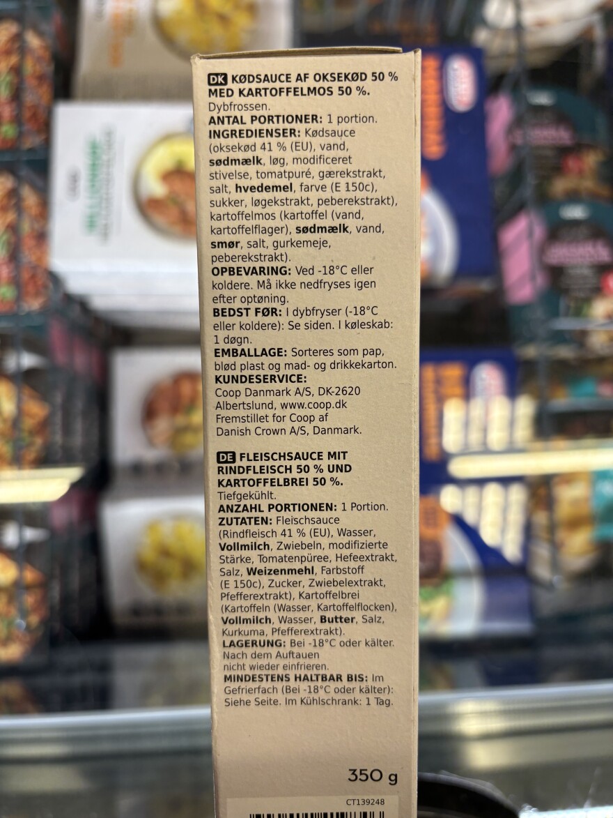 Ingredients on a food item from the Lokal Brugsen Supermarket in Brabrand, Denmark