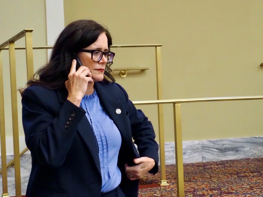 Senate Minority Leader Julia Kirt, D-Oklahoma City, talks on her phone while awaiting votes on a veto override during the Senate session on May 29, 2025.