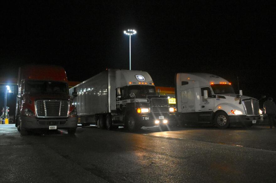 Trucks get fuel at a gas station in southern Indiana. (Justin Hicks/IPB News)