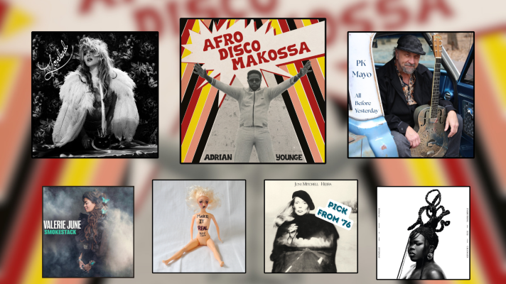Artwork for seven music releases displayed in black square frames. 