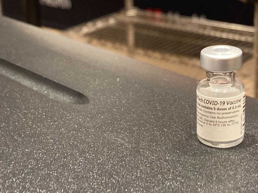 A vial of COVID-19 vaccine at University of Louisville Hospital in Louisville, Kentucky, on December 14, 2020.